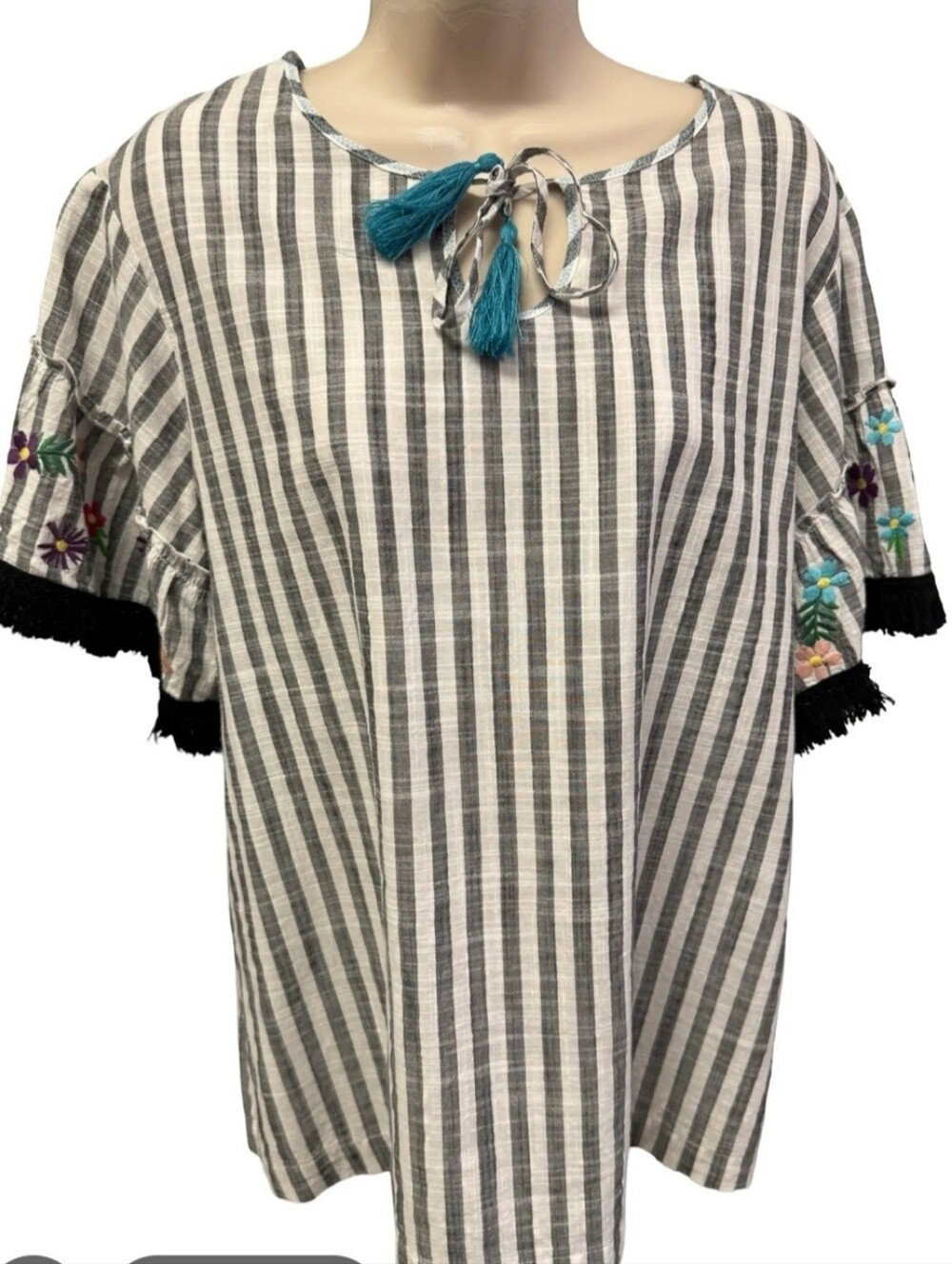Rafaella Black and White Striped Blouse with Embroidered  XL Boho Coastal Chic